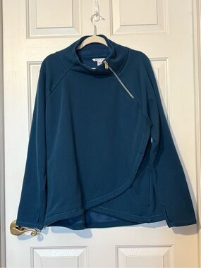 Athleta Cozy Karma Asymmetric Fleece Pullover Sweatshirt Size 1X Blue Teal Zip